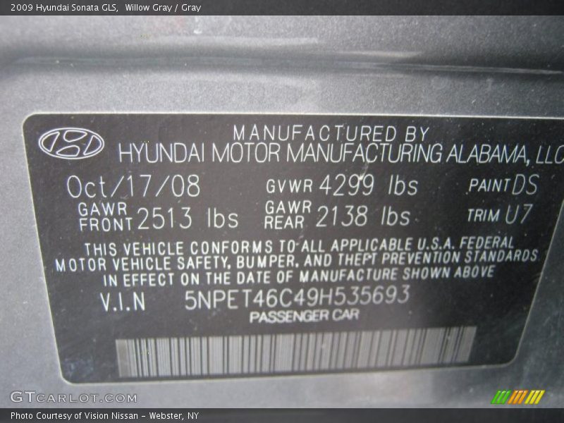Willow Gray / Gray 2009 Hyundai Sonata GLS