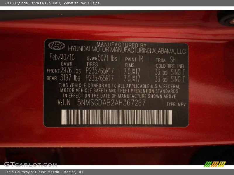 2010 Santa Fe GLS 4WD Venetian Red Color Code TR