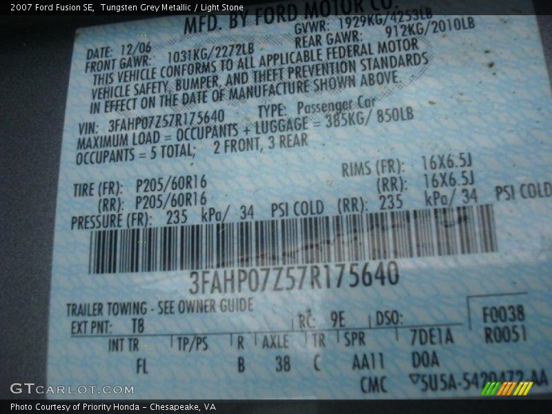 Tungsten Grey Metallic / Light Stone 2007 Ford Fusion SE