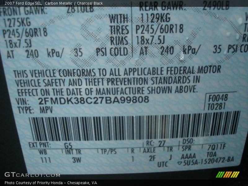 Carbon Metallic / Charcoal Black 2007 Ford Edge SEL