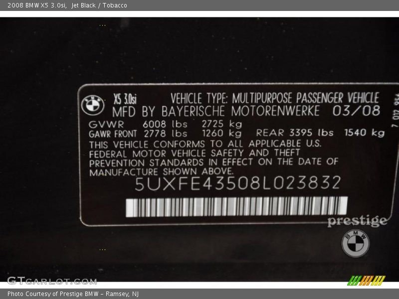 Jet Black / Tobacco 2008 BMW X5 3.0si