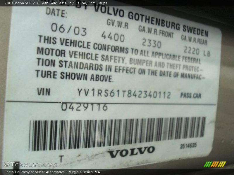 Ash Gold Metallic / Taupe/Light Taupe 2004 Volvo S60 2.4