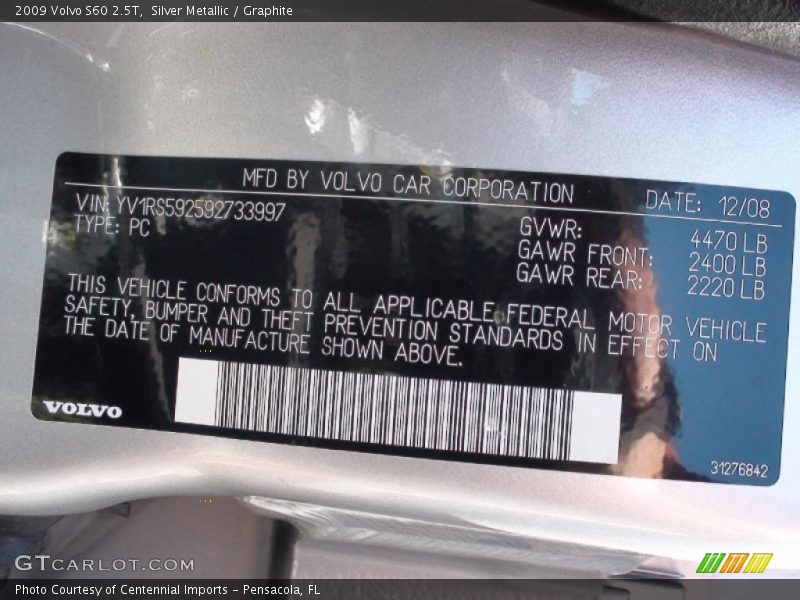Silver Metallic / Graphite 2009 Volvo S60 2.5T