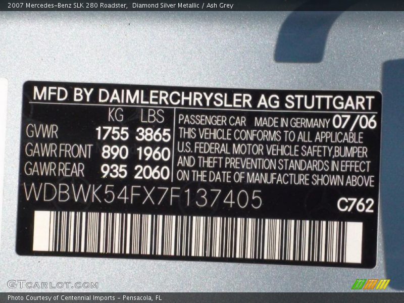 Diamond Silver Metallic / Ash Grey 2007 Mercedes-Benz SLK 280 Roadster
