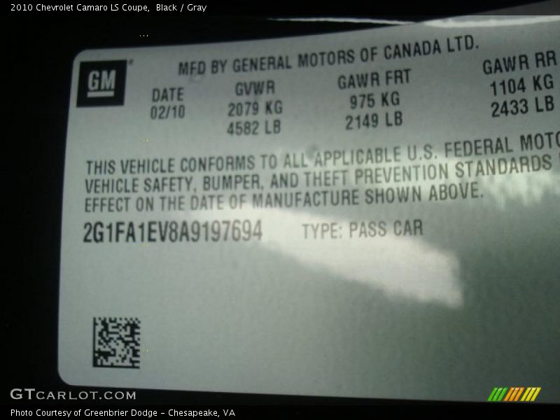 Black / Gray 2010 Chevrolet Camaro LS Coupe