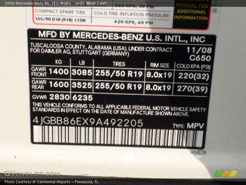 Arctic White / Ash 2009 Mercedes-Benz ML 350 4Matic