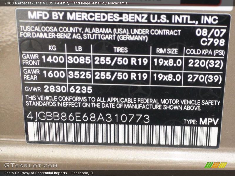 Sand Beige Metallic / Macadamia 2008 Mercedes-Benz ML 350 4Matic