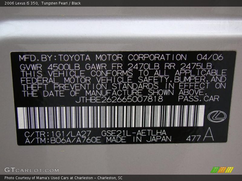 Tungsten Pearl / Black 2006 Lexus IS 350