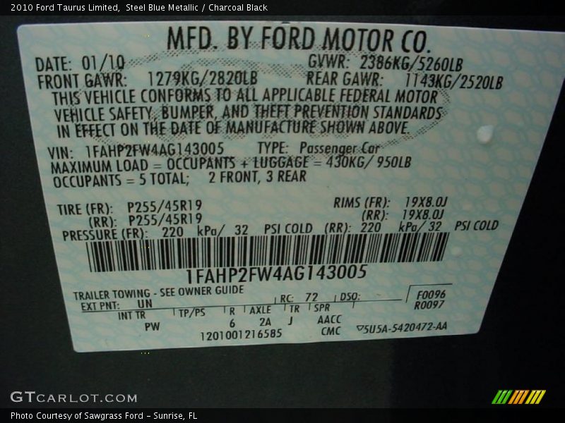 2010 Taurus Limited Steel Blue Metallic Color Code UN