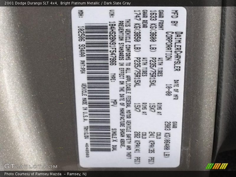 2001 Durango SLT 4x4 Bright Platinum Metallic Color Code PS4