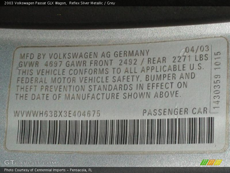 Reflex Silver Metallic / Grey 2003 Volkswagen Passat GLX Wagon