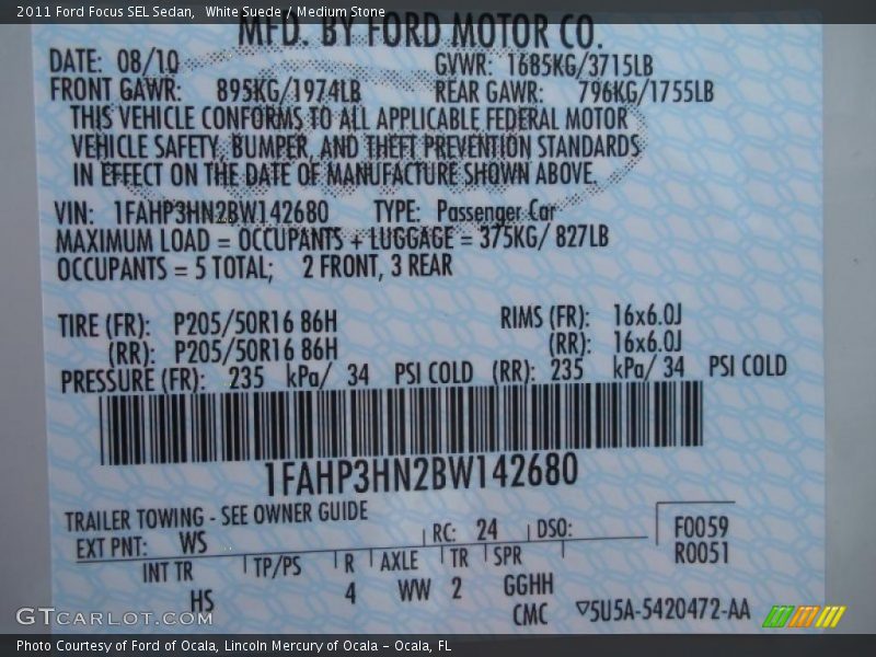 2011 Focus SEL Sedan White Suede Color Code WS