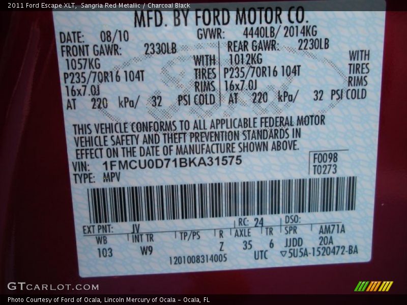 Sangria Red Metallic / Charcoal Black 2011 Ford Escape XLT