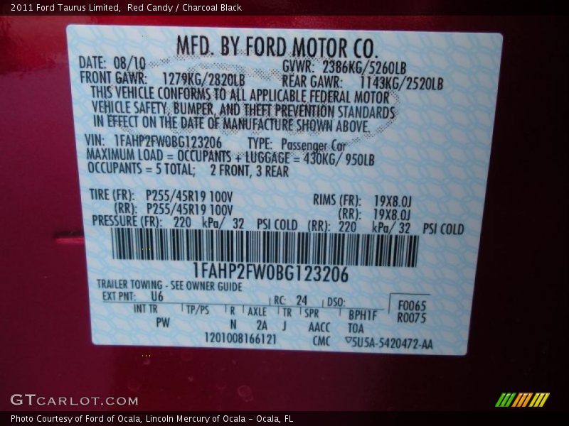 2011 Taurus Limited Red Candy Color Code U6