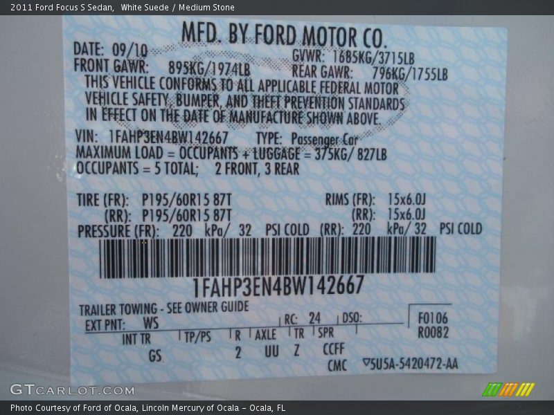 2011 Focus S Sedan White Suede Color Code WS