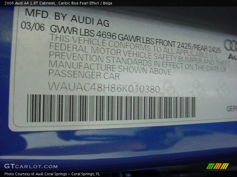 Caribic Blue Pearl Effect / Beige 2006 Audi A4 1.8T Cabriolet