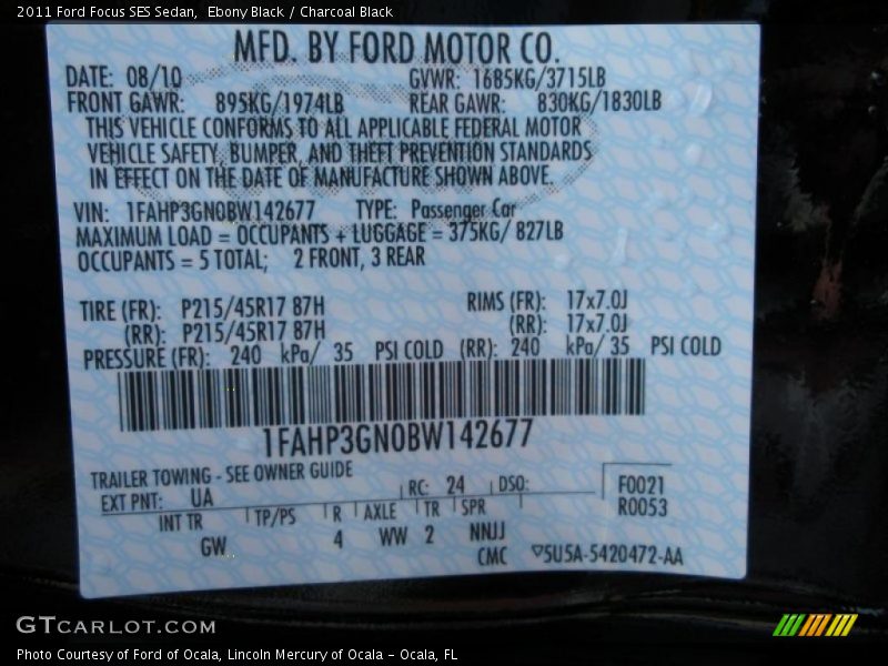 2011 Focus SES Sedan Ebony Black Color Code UA