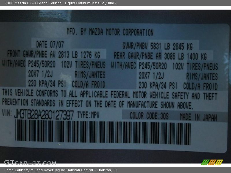 Liquid Platinum Metallic / Black 2008 Mazda CX-9 Grand Touring