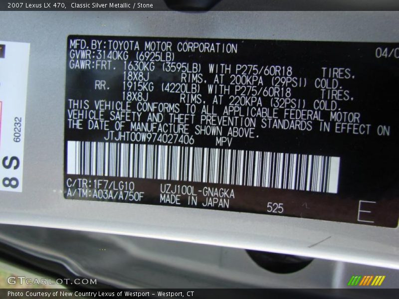 Classic Silver Metallic / Stone 2007 Lexus LX 470