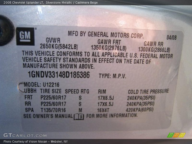 Silverstone Metallic / Cashmere Beige 2008 Chevrolet Uplander LT