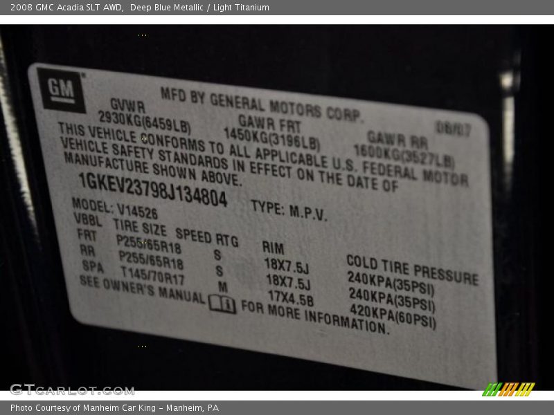 Deep Blue Metallic / Light Titanium 2008 GMC Acadia SLT AWD