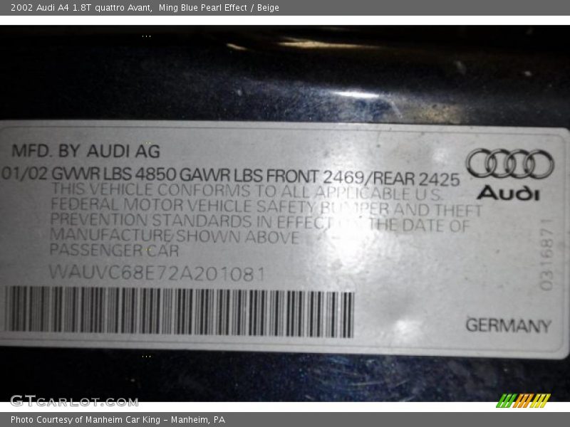 Ming Blue Pearl Effect / Beige 2002 Audi A4 1.8T quattro Avant