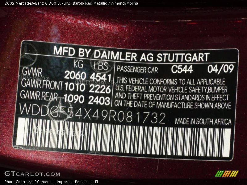 Barolo Red Metallic / Almond/Mocha 2009 Mercedes-Benz C 300 Luxury