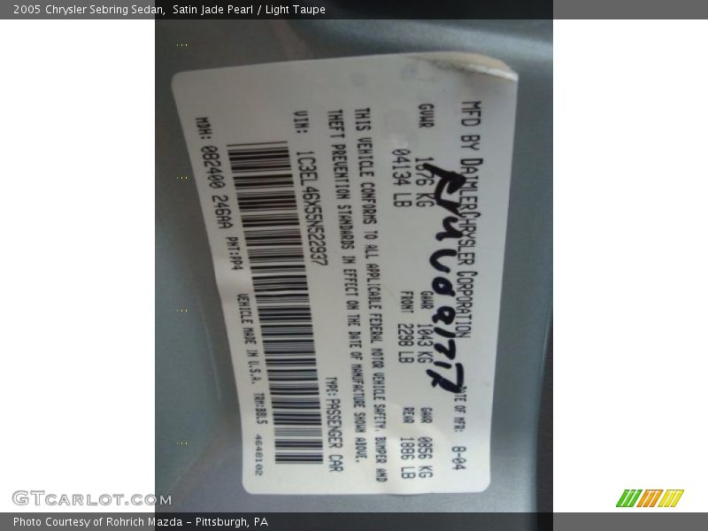 Satin Jade Pearl / Light Taupe 2005 Chrysler Sebring Sedan