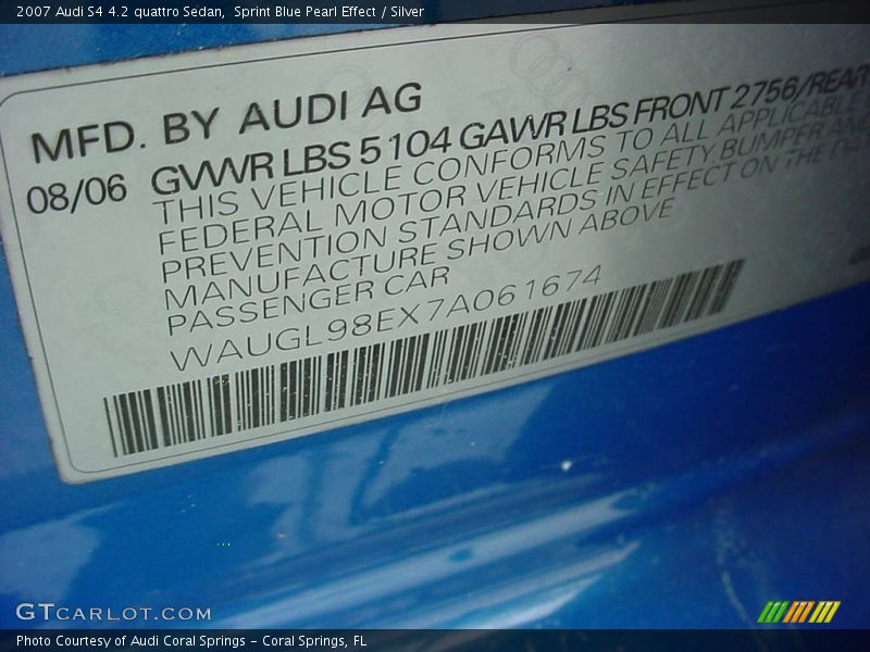 Sprint Blue Pearl Effect / Silver 2007 Audi S4 4.2 quattro Sedan