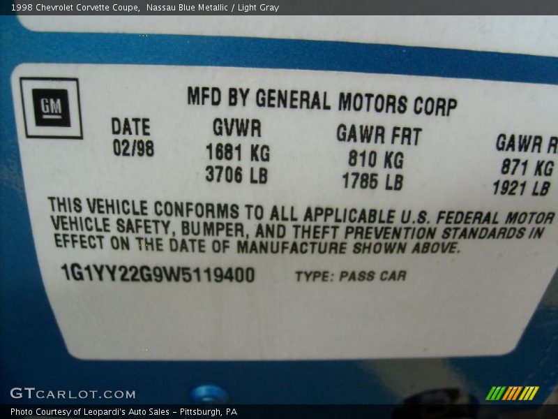 Nassau Blue Metallic / Light Gray 1998 Chevrolet Corvette Coupe
