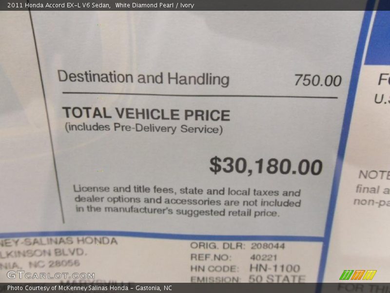 White Diamond Pearl / Ivory 2011 Honda Accord EX-L V6 Sedan