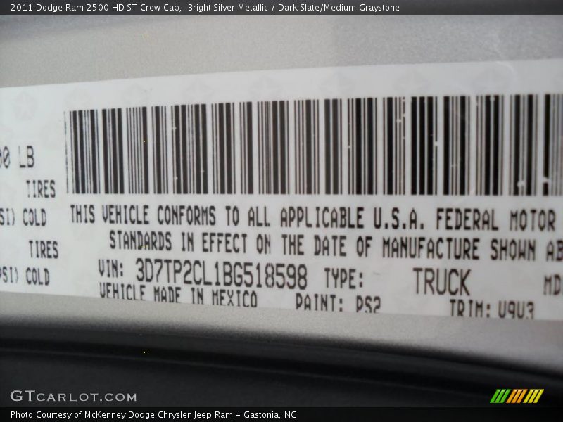 Bright Silver Metallic / Dark Slate/Medium Graystone 2011 Dodge Ram 2500 HD ST Crew Cab