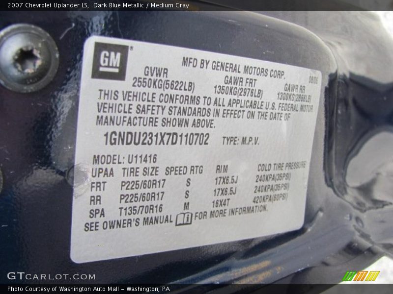 Dark Blue Metallic / Medium Gray 2007 Chevrolet Uplander LS