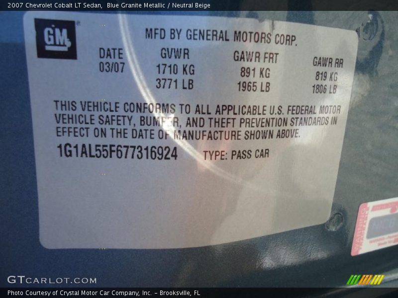 Blue Granite Metallic / Neutral Beige 2007 Chevrolet Cobalt LT Sedan