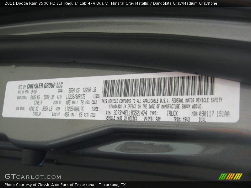 2011 Ram 3500 HD SLT Regular Cab 4x4 Dually Mineral Gray Metallic Color Code PDM