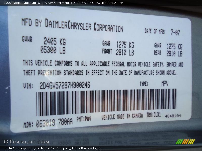 2007 Magnum R/T Silver Steel Metallic Color Code PA4