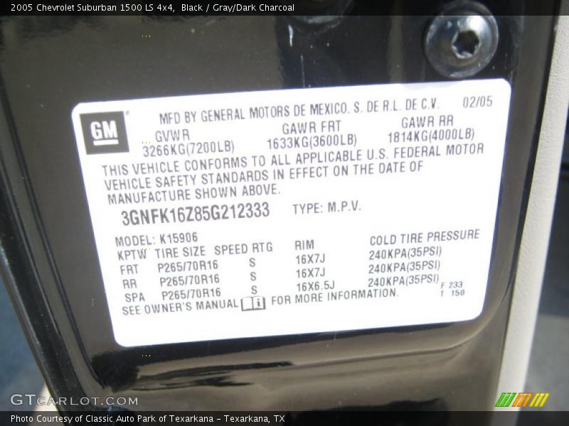 Black / Gray/Dark Charcoal 2005 Chevrolet Suburban 1500 LS 4x4