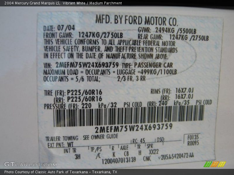 Vibrant White / Medium Parchment 2004 Mercury Grand Marquis LS
