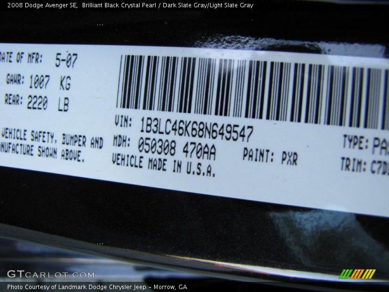 Brilliant Black Crystal Pearl / Dark Slate Gray/Light Slate Gray 2008 Dodge Avenger SE