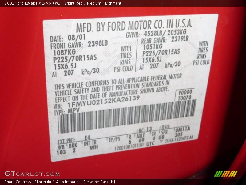 2002 Escape XLS V6 4WD Bright Red Color Code E4