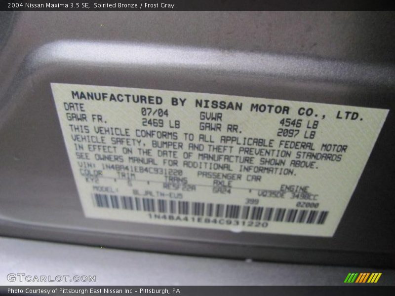 Spirited Bronze / Frost Gray 2004 Nissan Maxima 3.5 SE