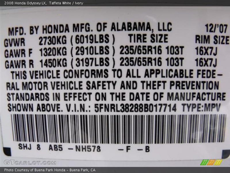 Taffeta White / Ivory 2008 Honda Odyssey LX