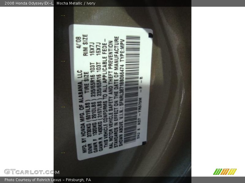 Mocha Metallic / Ivory 2008 Honda Odyssey EX-L