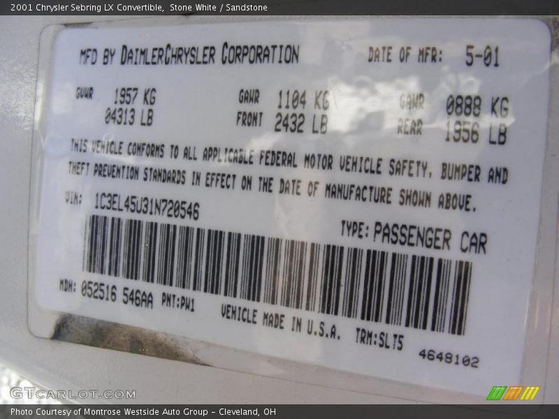 Stone White / Sandstone 2001 Chrysler Sebring LX Convertible