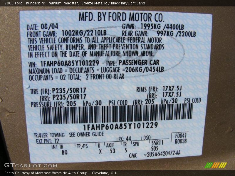 2005 Thunderbird Premium Roadster Bronze Metallic Color Code T2