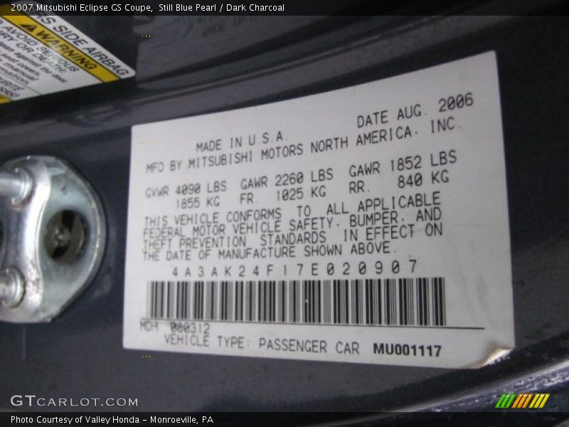 Still Blue Pearl / Dark Charcoal 2007 Mitsubishi Eclipse GS Coupe