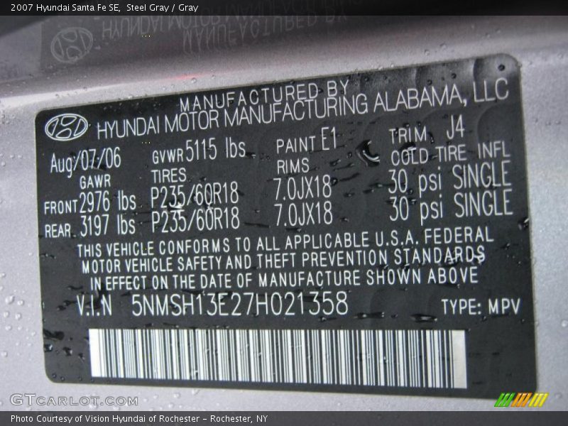 Steel Gray / Gray 2007 Hyundai Santa Fe SE