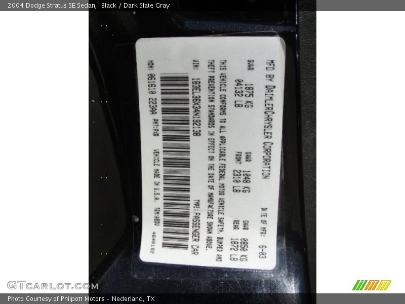 Black / Dark Slate Gray 2004 Dodge Stratus SE Sedan