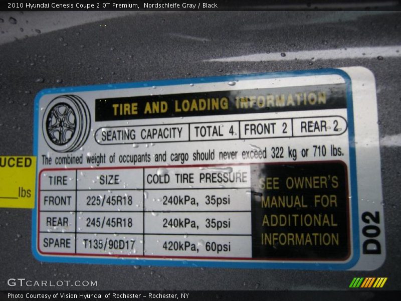 Info Tag of 2010 Genesis Coupe 2.0T Premium