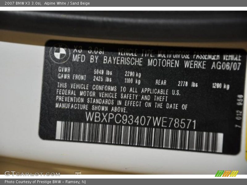 Alpine White / Sand Beige 2007 BMW X3 3.0si